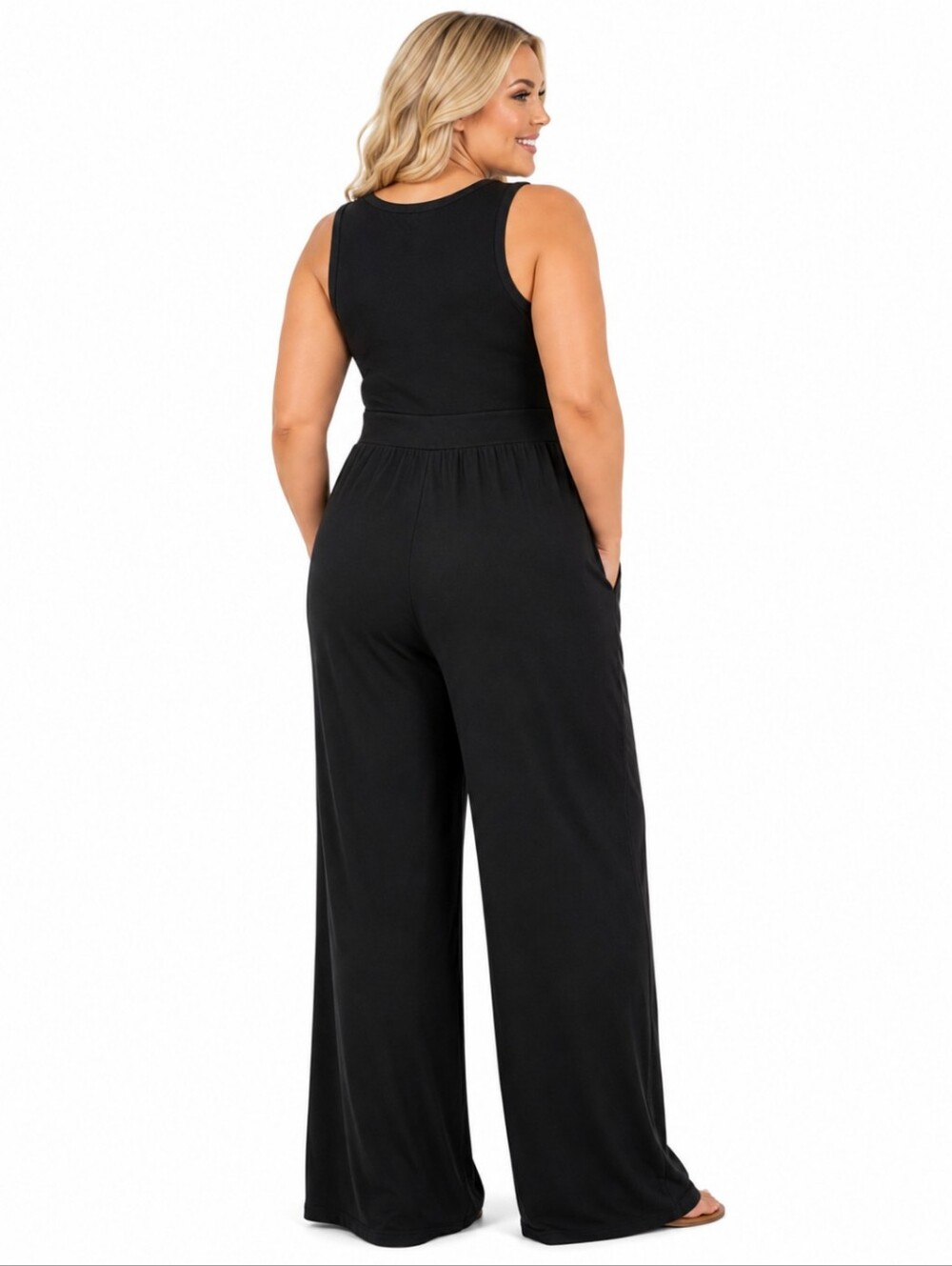 YOZY Black Sleeveless Ribbed Wide Leg Jumpsuit With Pockets – Size XL - Picture 2 of 13